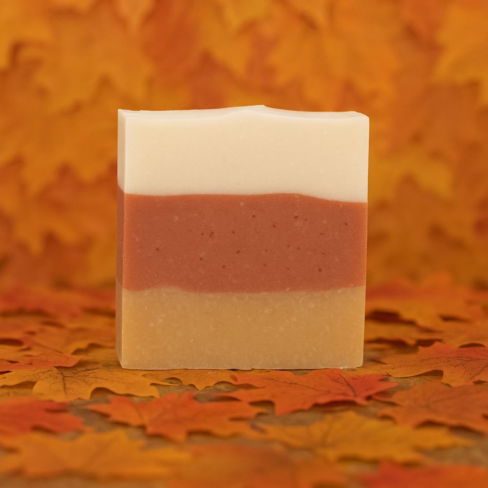Handcrafted bar soap with three horizontal layers in cream, rust, and tan tones, standing upright on a background of autumn leaves.