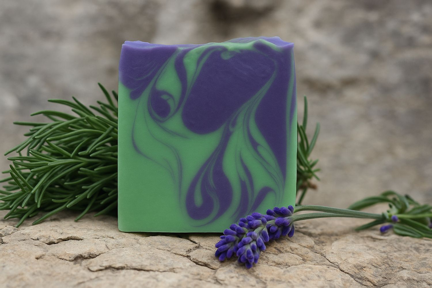 Handcrafted bar soap with green and purple swirl patterns, standing upright on a stone surface with sprigs of greenery and small purple flowers nearby.